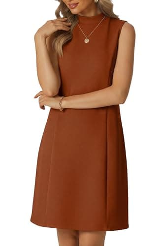 HiMONE Womens Sleeveless Mock Neck Mini Dress A Line Swing Dress with Pockets Casual Office Work Party Cute Outfit Caramel - Image 1