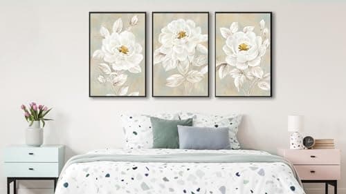ASDCEUTICALS Large Canvas Wall Art - Beige Bloomy Flower Wall Decor, Vintage Floral Paintings, Aesthetic Botanical Pictures for Living Room Bedroom Office Bathroom Framed Artwork 24" X 36" X 3 Pcs - Thumbnail 3