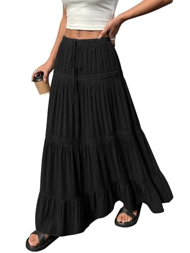 BTFBM Spring Skirts for Women 2026 Summer Boho Beach Vacation Clothes Casual Pleated High Waisted Flowy Maxi Skirt(Black, X-Large) - Thumbnail 2