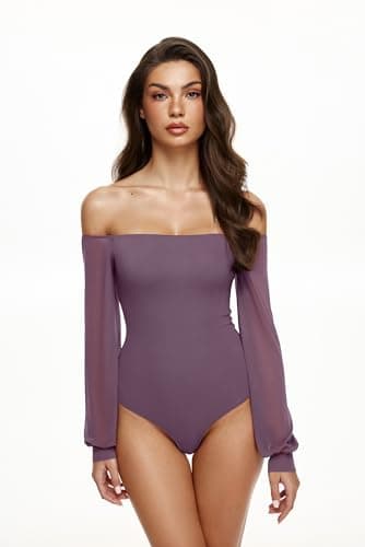 REORIA Womens Going Out Off The Shoulder Sheer Mesh Puff Long Sleeve Thong Bodysuit Tops Gray Purple X-Small - Thumbnail 3