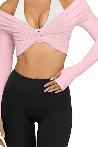 LASLULU Womens Long Sleeve Workout Tops Sexy Off the Shoulder Twist Front Bolero Shrugs Yoga Gym Ballet Wrap Tops Pilates Outfits (Light Pink, Small) - Thumbnail 5
