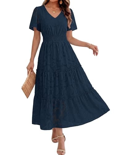 Caracilia Womens 2026 Spring Wedding Guest Maxi Dress Summer Boho Floral Short Sleeve V Neck Beach Vacation Tea Party Dresses Navy Blue Large - Image 1