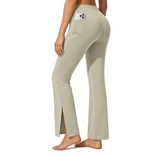 AMLEER Women's V Waist Side Split Wide Leg Yoga Leggings - High Waisted Crossover Stretchy Workout Flare Yoga Pants（Nude Apricot, 3X-Large - Thumbnail 4
