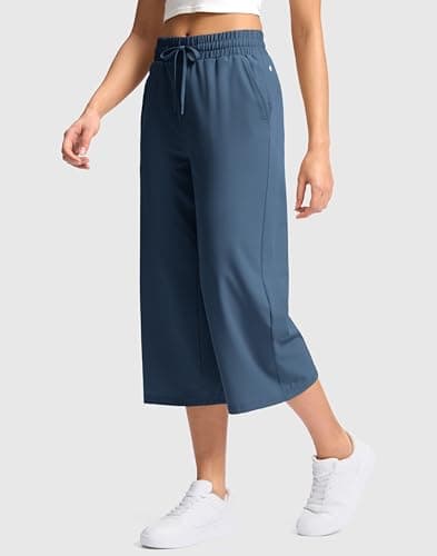 Soothfeel Women's Capri Pants Loose High Waisted Wide Leg Lightweight Travel Hiking Pants for Women Casual Summer with Pocket Dark Blue XXXL - Thumbnail 2