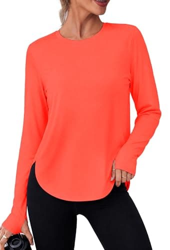 Alaroo Womens Workout Tops for Women Long Sleeve Sun Protection T Shirts for Hiking Gym Running Yoga Pilates Orange L - Thumbnail 2