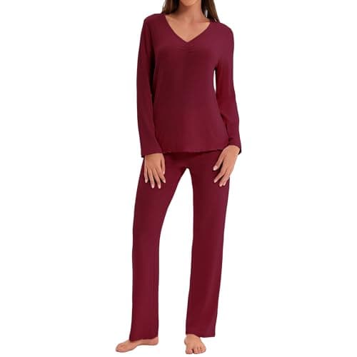 Navisting Women's Soft Knit Pajamas Set V-Neck Top and Pants Long Sleeve Two Piece Loungewear Elegant Wavy Hem Sleepwear with Color Options Burgundy 2XL - Image 1