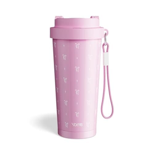YOME 17oz Elegant Bow Pink Ceramic Lined Insulated Coffee Mug with Infuser for Women| One-handed Pop Open Lid | Stainless Steel |Keep Drinks Cold and Hot| 100% Leak Proof