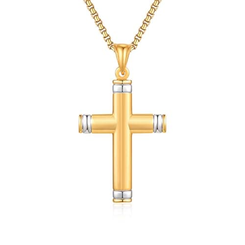 Stainless Steel Cross Necklace for Men, Silver Black gold plated Cross Pendant Jesus Necklace Chain, Non Tarnish Sturdy Mens Christian Jewelry Gifts for Him Baptism Confirmation Birthday, 24 Inch - Image 1
