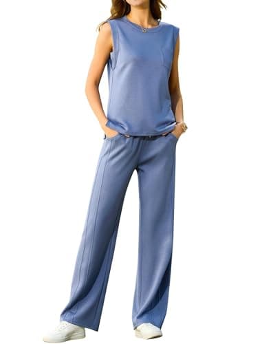 difficort 2 Piece Lounge Set Women CrewNeck Vest Sleeveless Tops Wide Leg Pants Matching Y2K Outfits,Dark Blue,Large - Image 1
