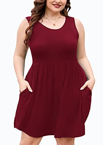 AusLook Plus Size Summer Tank Dress for Women Burgundy 3X Casual Sleeveless Crewneck Flowy Pleated Sun Maternity Tunic Dresses Babydoll Tshirt Swing Vacation Sundresses with Pockets - Thumbnail 6