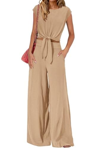 PRETTYGARDEN Women 2 Piece Lounge Sets 2026 Casual Summer Outfits Cap Sleeve Strappy Crop Tops Wide Leg Pant Tracksuit(Khaki,Large) - Image 1