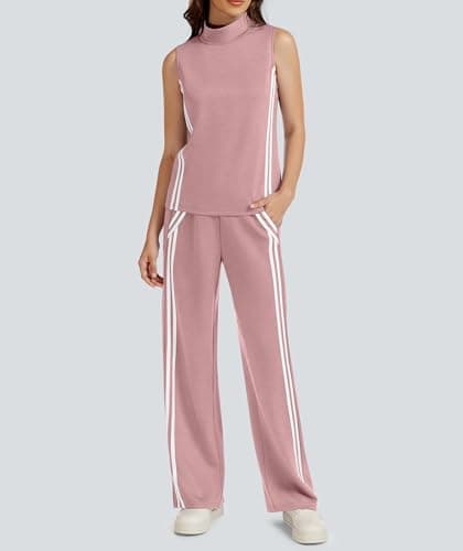 Casly Lamiit Womens 2 Piece Lounge Sets Casual Travel Outfits Sweat Suit Active Mock Neck Tank Tops Track Pants Matching Airport Clothes Dark Pink L - Thumbnail 3