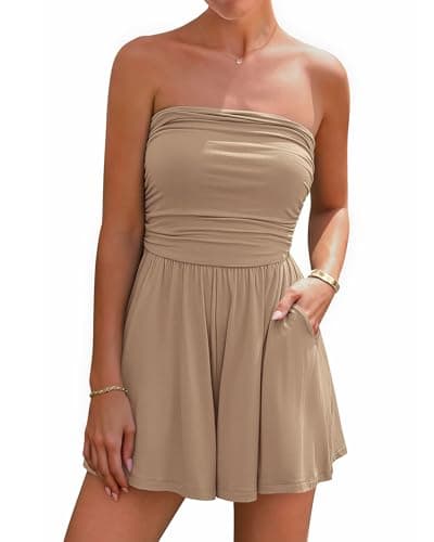 BTFBM Womens Romper Summer 2026 Strapless Tube Tops Beach Vacation Clothes Boho Loose Spring Shorts Jumpsuits Pockets(Khaki, X-Large) - Image 1