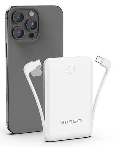 miisso 10000mAh Compatible with iPhone 15/16/17 and Android, Slim Portable Charger with Built in Cable, Power Bank Travel Charger External Battery Pack for Phone, 3 Output USB Type C Cord, White