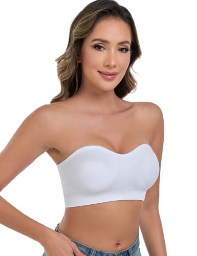 ANGOOL Strapless Bras for Women Wirefree Non-Slip Tube Top Invisible Bralette Seamless Padded Bandeau Bra, White, M - Thumbnail 2