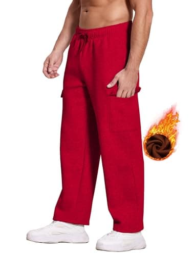 Deyeek Men's Sweatpants Fleece Lined Pants Men Cargo Sweatpants Straight Leg Jogging Sweats Baggy Lounge Pants with Pockets Red - Thumbnail 4