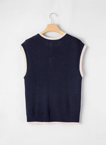 Dokotoo Summer Outfits for Women Round Neck Cap Sleeve Color Block Cable Knit Tank Top for Women Sweater Vest Women Navy Blue X Large - Thumbnail 5