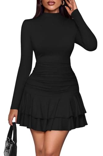 PRETTYGARDEN Womens Spring Long Sleeve Dresses 2026 Mock Neck Ruched Y2K Clothes Ruffle Layered Bodycon Mini Party Dress(Black,Large) - Image 1