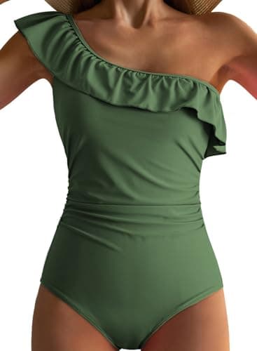 Dokotoo Girls Cold Shoulder One-Piece Swimsuit One Shoulder 2026 Asymmetric Ruffle Sleeves Cute Monokinis Tummy Control Plus Size Swimwear,Bean Green Medium - Image 1