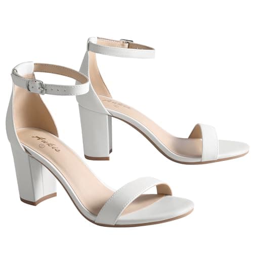 Ankis White Heels for Women - Open Toe Ankle Strap Chunky Heel Pump Sandals Party Wedding Strappy Buckle Sandals Standard Size 2.75 Inches Tall Thick Heel Design - Image 1