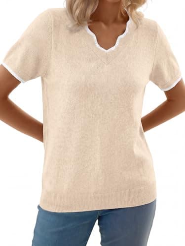 GKBK Women Short Sleeve V Neck Sweater Lightweight Pullover Top Fashion Clothing for Business Casual Work Outfits Spring Summer 2026 Apricot Medium - Thumbnail 4