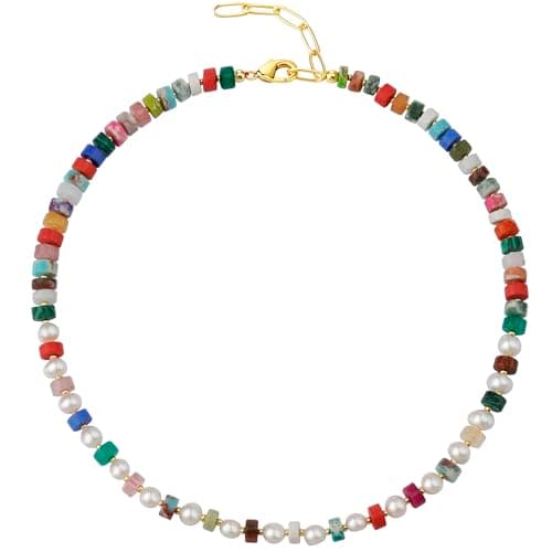 shownii Colorful Beaded Necklace for Women Boho Beaded Choker Necklace Natural Stone Rainbow Necklaces for Women 14K Gold Plated Handmade Jewelry (Mixed-Color Turquoise & Pearls) - Image 1