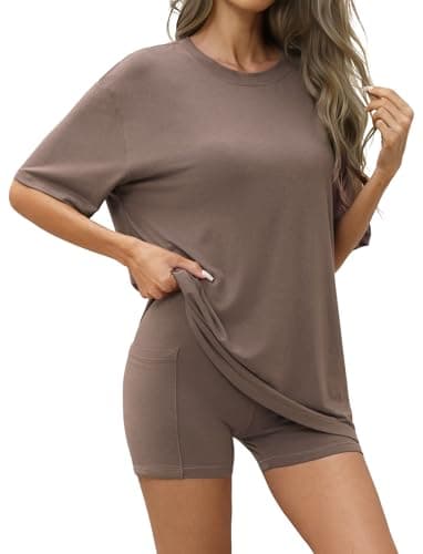 Flevita Women's 2 Piece Outfits Summer Tracksuit Soft Loose Lounge Shorts Set Short Sleeve Matching Clothing Pjs with Pocket Brown S - Image 1