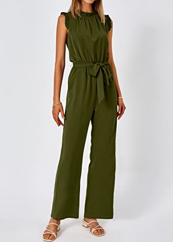 KIRUNDO Jumpsuits For Women Dressy Summer One Piece Sleeveless Ruffle Mock Neck Belt Pockets Formal Wide Leg Pants Romper(Army Green, Large) - Thumbnail 4