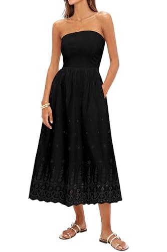 PRETTYGARDEN Womens Summer Dresses 2026 Sexy Sleeveless Tube Top Long Dress Eyelet Cotton Maxi Beach Sundress Pockets(Black,XX-Large)