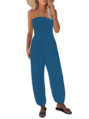 STOLKISS Women’s Summer Casual Tube Top Jumpsuits Strapless Belted Wide Leg Bustier Jumpsuit Backless Loose Long Pant Rompers - Image 1