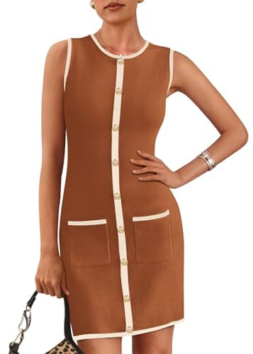 KIRUNDO Women's Work Business Casual Dress 2026 Summer Cocktail Semi Formal Office Elegant Classy Knit Color Block Dresses(Caramel, Large) - Image 1