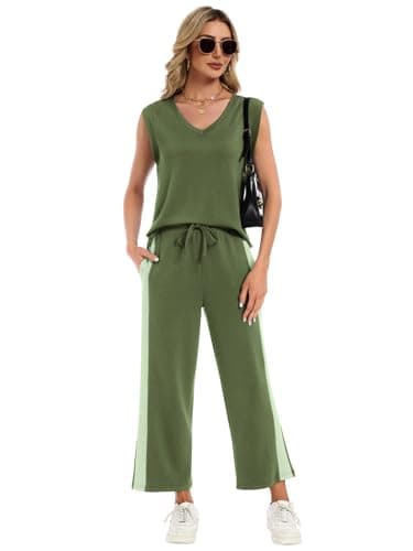 YOKGO Two Piece Sets for Women Summer Outfits V Neck Lounge Sets Business Casual Vacation Travel Matching Set - Thumbnail 5