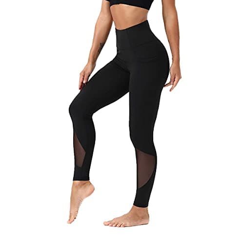 KUTAPU Women's Mesh Yoga Leggings with Side Pockets Tummy Control Workout Running High Waist Yoga Pants Black - Image 1