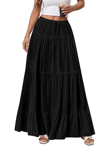 BTFBM Spring Skirts for Women 2026 Summer Boho Beach Vacation Clothes Casual Pleated High Waisted Flowy Maxi Skirt(Black, X-Large) - Thumbnail 4