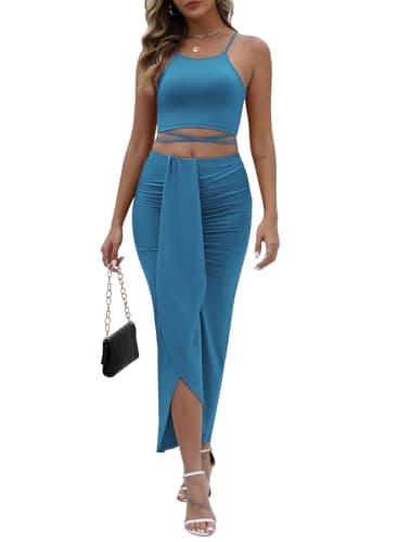 HUUSA Cute 2 Piece Brunch Romantic Outfits for Women Sexy Ruched Split Skirt Sets Casual Sleeveless Shirt Cami Tops Teen Girls Plus Size Fall Asymetric Hem Maxi Dresses Light Blue 2XL - Image 1