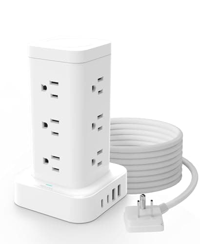 Tagzilo 16-in-1 Power Strip Tower with Surge Protector 1800J, 2USB-C & 2USB-A Ports with 12 AC Outlets, 10ft Extension Cord with Multiple outlets for Home Office Dorm Room, White