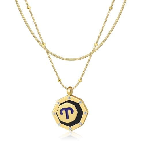 LETFLY Aries Zodiac Necklace for Women, 18K Gold Plated Octagon Shaped Pendant with Cubic Zirconia Adjustable Layered Snake Chain for Womens Jewelry Gifts - Image 1