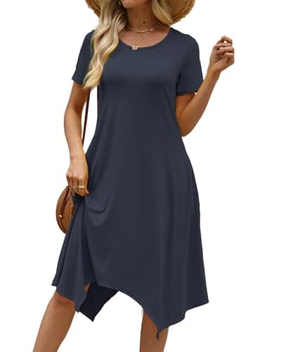 COSSEN Casual Summer Midi Dress for Women Navy Blue X-Large 2026 Short Sleeve Crew Neck Flowy Beach Dress with Pockets - Image 1