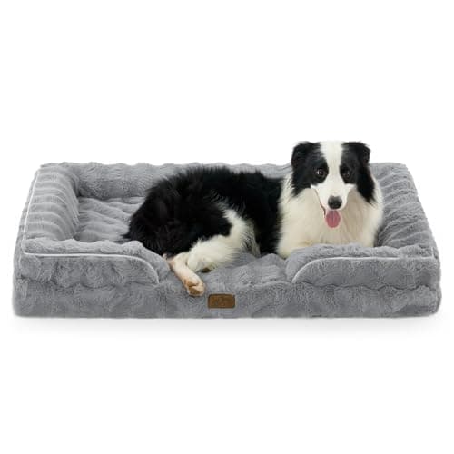 COZY KISS Orthopedic Dog Bed for Extra Large Dog 44x32 inch, XL Faux Fur Pet Sofa, Bolster Foam Bed with Sides, Non-Slip and Egg-Crate Big Dog Couch Bed with Washable Removable Cover, Grey - Image 1