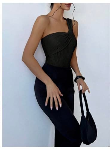 GORGLITTER Women's Twist Front One Shoulder Bodysuit Sleeveless Backless Asymmetrical Neck Tank Top Jumpsuits Black Small - Thumbnail 6