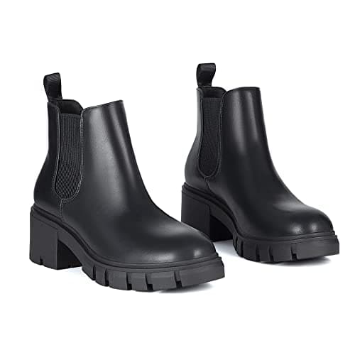 Athlefit Women's Chelsea Boots Fashion Lug Sole Chunky Heel Slip on Elastic Ankle Black Booties Size 9.5 - Thumbnail 5
