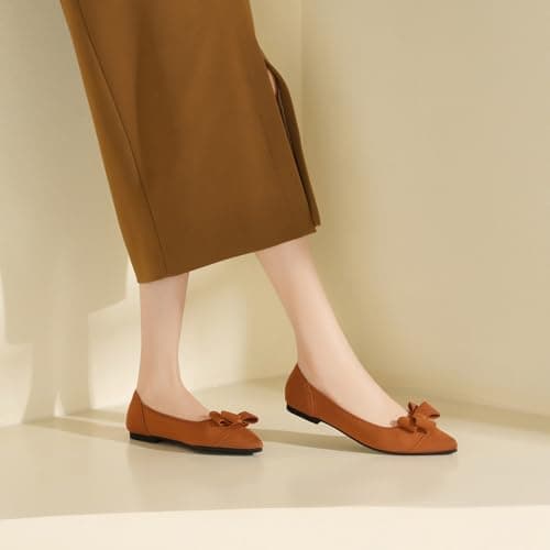 AHZEHRSE Women's Flats Pointed Toe Ballet Flat Classic Dressy Comfortable Slip On Bow Knit Shoes Brown - Thumbnail 3