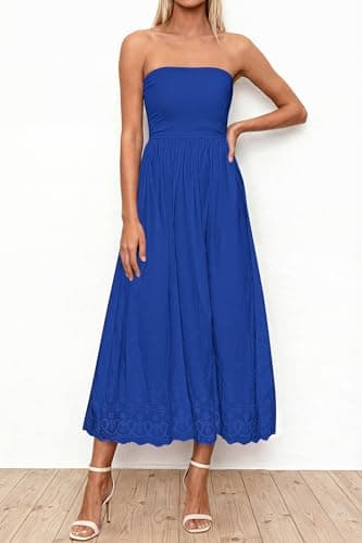 PRETTYGARDEN Womens Summer Dresses 2026 Sexy Sleeveless Tube Top Long Dress Eyelet Cotton Maxi Beach Sundress Pockets(Blue,Large) - Thumbnail 2