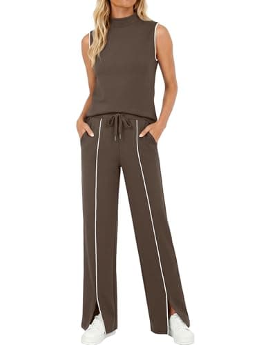 Casly Lamiit Workout Set Two Piece Outfits for Women Casual Crew Neck Top Wide Leg Pant Matching Clothing Sets Dark Brown M - Image 1