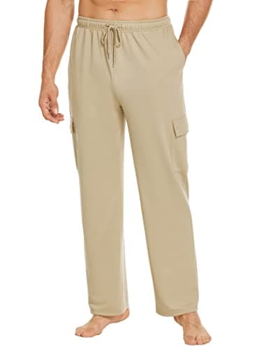 Deyeek Mens Lounge Pants with Pockets Straight Leg Cargo Sweatpants Gym Cargo Sweats for Men Baggy Cotton Yoga Sweatpants Khaki - Thumbnail 3