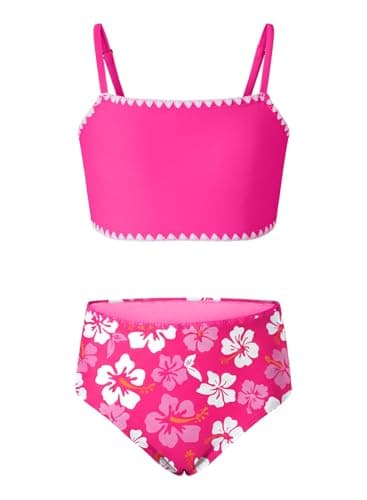 blibean Tween Girls Swimsuit Teen Two Piece Bathing Suit Big Kids Hawaiian Bikini Sets Junior High Waist Swimwear Floral Boho Swimming Suits Beach Traje Baño Niñas Size 14 15 16 Year Old Hot Pink - Image 1