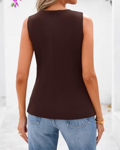 BTFBM Summer Sleeveless Blazer Vest For Women Dressy Button Down Round Neck Business Casual Outfits Work Suit Vests Tops(Brown, XX-Large) - Thumbnail 3