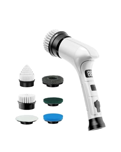 Electric Spin Scrubber, Cordless Household Cleaning Brush with 6 Replaceable Heads, 3 Speeds, LED Display, Lightweight Handheld Power Scrubber for Cleaning Stove/Bowl/Sink/Corner/Tile/Grout-White - Image 1