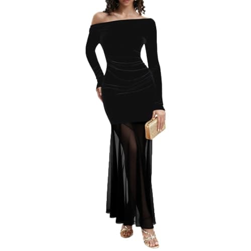 Curvphilo Strapless Bodycon Maxi Dress Women Double Lined Modal Mesh Formal Cocktail Party Wedding Guest Dress (Double Lined, US, Alpha, Small, Regular, Regular, Long Sleeve Black) - Image 1