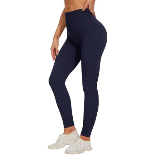 High Waisted Leggings for Women - No See Through Tummy Control Cycling Workout Yoga Pants with Pockets Reg & Plus Navy Blue - Image 1